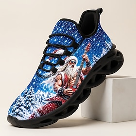 Men's Christmas Sneakers with Santa Claus and Snowy Forest Prints, Blue Holiday Graphic Lace-Up Shoes with Sculpted Sole for Christmas Parties, Winter Travel a