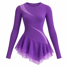 Figure Skating Dress Women's Ice Skating Dress Violet Patchwork Asymmetric Hem Stretchy Training Competition Skating Wear Classic Long Sleeve Ice Skating Figur