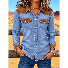 Women's Denim Blouse Denim Shirt Suede Jackets Patchwork Plain Vintage Fashion Stylish Long Sleeve Lapel Regular Tops Casual Beach Blue Spring Fall Winter