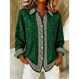 Women's Blouse Buttons Print Graphic Geometric Stylish Classic Modern Long Sleeve Shirt Collar Regular Tops Casual Daily Holiday Blue Red Green Spring Fall Win