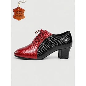 Women's Genuine Leather Swing Dance Shoes – Color Block Lace-Up Ballroom Practice Shoes with Rubber Sole, Oxford Style Dance Shoes for Salsa, Tango, Rumba, Soc