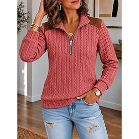Women's Textured Pullover Sweatshirt Zip Up Patchwork Geometric Elegant Vintage Streetwear Long Sleeve Half Zip Long Tops Casual Street Going out Dark Pink Spr