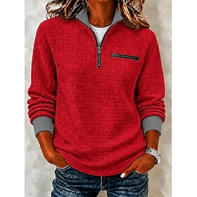 Women's Waffle Polo Shirts Zipper Solid Color Bohemia Active Vacation Long Sleeve High Neck Regular Tops Casual Daily Holiday Red Light Purple Summer Spring Fa