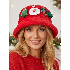 Women's Winter Plush Bucket Hat Faux Rabbit Fur Christmas Santa Decor Hat, Warm Polyester Fisherman Hat in Multiple Colors for Holiday Parties, Travel and Casu
