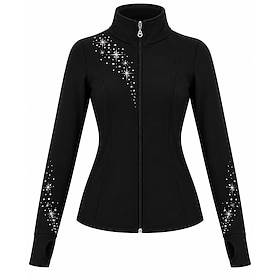 Figure Skating Fleece Jacket Women's Ice Skating Jacket Top Black Patchwork Stretchy Training Competition Skating Wear Crystal / Rhinestone Long Sleeve Ice Ska