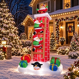 Christmas Inflatable Santa Claus Climbing Chimney with Ladder, 8FT Outdoor Yard Decoration with Penguins and Gift Boxes, Lighted Holiday Lawn Display for Garde