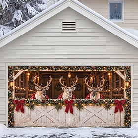 Christmas Garage Door Cover, 3D Reindeer and Snow Scene Print Garage Door Banner, Holiday Winter Wonderland Backdrop for Outdoor Christmas Decorations and Part