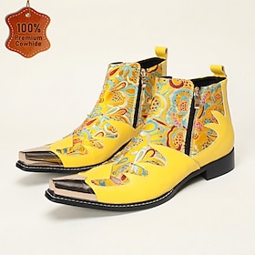 Men's Genuine Leather Western Cowboy Ankle Boots Yellow Paisley Floral Print Metallic Pointed Toe Side Zipper Block Heel Vintage Country Style for Parties Wedd