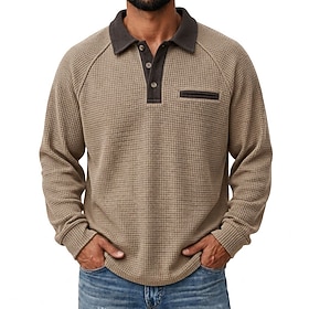 Men's Waffle Polo Shirts Casual Vacation Turndown Long Sleeve Fashion Leisure Solid Color Color Block Buttons Fall Winter Fall Regular Khaki Dark Grey Army Gr