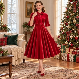 Christmas 1950s Retro Vintage Dress Flare Dress Solid Color Fancy Dress Women's Christmas New Year Masquerade Party Event / Party Revival Adults' Dress Homecom