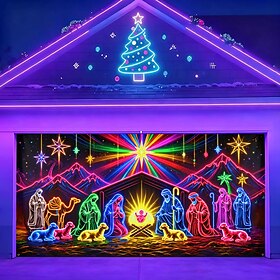Blacklight Christmas Garage Door Cover, UV Reactive Fluorescent Religious Nativity Scene Print Garage Door Banner, Jesus Birth Bethlehem Christmas Backdrop for