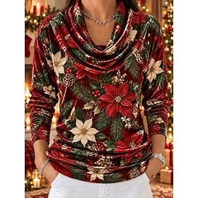 Christmas Women's Velvet Tee Print Floral Graphic Christmas Elegant Vintage Fashion Long Sleeve Cowl Neck Regular Tops Casual Daily Going out Red Purple Gold G