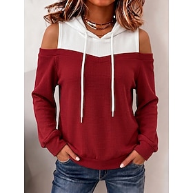 Women's Elegant Vintage Waffle Shirt Texture Two Tone Patchwork Long Sleeve Hooded Regular Tops Casual Light Blue Black Red Navy Blue Purple Spring Fall Winter