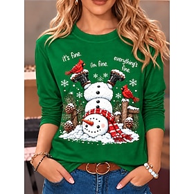Christmas Women's T Shirt Print Graphic Snowman Vintage Fashion Stylish Long Sleeve Crew Neck Regular Tops Casual Daily Weekend Black Red Green Spring Fall Win
