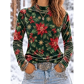 Christmas Women's Tunic Tee Print Ombre Graphic Shamrock Elegant Vintage Fashion Long Sleeve High Neck Regular Tops Casual Daily Going out Black Red Green Beig