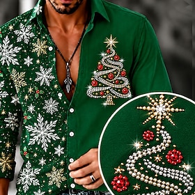 Christmas Men's Christmas Tree Button Up Rhinestone Shirt Casual Dress Shirt Long Sleeve Fashion Casual Vacation Dailywear Summer Spring Fall Turndown Collared