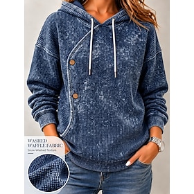Women's Waffle Hoodies Washed Cotton Textured Pullover Hoodie Sweatshirt Patchwork Buttons Plain Active Vintage Casual Long Sleeve Hooded Regular Tops Casual S