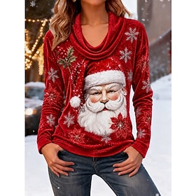 Christmas Women's Tee Print Tiered Graphic Santa Claus Christmas Tree Elegant Vintage Fashion Long Sleeve Cowl Neck Regular Tops Casual Daily Going out White R