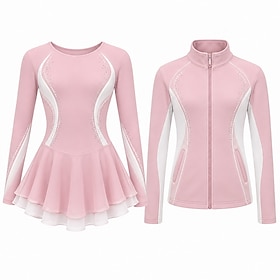 Figure Skating Dress with Jacket Women's Ice Skating Outfits Pink Patchwork Asymmetric Hem Stretchy Training Competition Skating Wear Classic Crystal / Rhinest