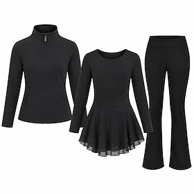 Figure Skating Dress with Jacket and Pants Women's Ice Skating Outfits Black Patchwork Asymmetric Hem Stretchy Training Competition Skating Wear Classic Crysta