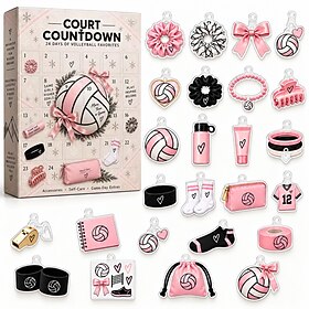 Volleyball-Adventskalender 2026, 24-tägiger Countdown bis Weihnachten mit 2D-Acryl-Volleyball-Ornamenten, Weihnachtsbaumschmuck, Volleyballgeschenke für Mädche