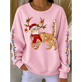 Christmas Women's Waffle Sweatshirts Animal Santa Claus Christmas Tree Elegant Warm Vintage Long Sleeve Crew Neck Regular Tops Casual Home Street Pink Spring F