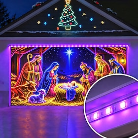 Blacklight Christmas Garage Door Cover with Purple LED Strip Lights Glowing Christmas Holiday Decoration, Fluorescent Nativity Scene Banner with Baby Jesus, Ma