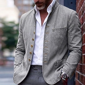 Men's 100% Cotton Washed Denim-look Blazer Casual Streetwear Elegant Vintage Retro Fall Winter All Seasons 100% Cotton Solid Color Mandarin Stand Collar Fashi