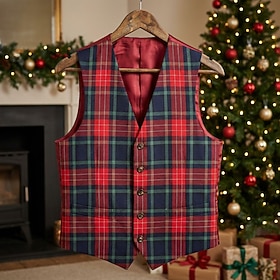 Men Vest Gilet Vacation Party Christmas Christmas Daily Fall Winter Buttons Polyester Breathability Fashion Plaid Single Breasted V Neck Red Vest