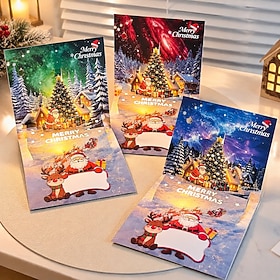 Light Up Musical Christmas Pop-Up Greeting Card, 3D Christmas Tree and Santa with Reindeer Design, Holiday Greeting Card, Festive Christmas Gift for Family and