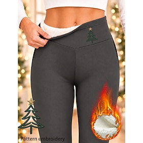 Women's Christmas Embroidered Fleece Pants Tights Leggings Vacation Fashion Basic Full Length High Waist Solid Color Plain Thermal Warm Soft Breathable Stretch