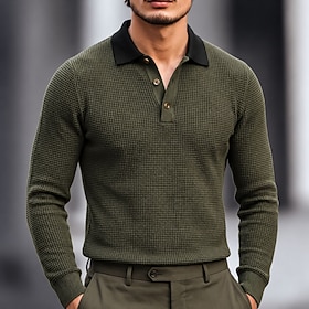 Men's Waffle Polo Shirts Casual Vacation Turndown Long Sleeve Fashion Leisure Solid Color Textured Color Block Buttons Fall Winter Spring Fall Regular White N