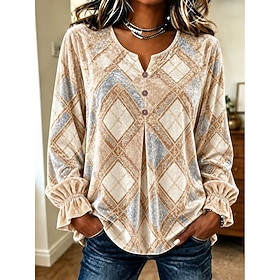 Women's Shirt Plaid Color Block Elegant Vintage Fashion Long Sleeve V Neck Regular Tops Casual Daily Streetwear Blue White Grass Green Green Spring Fall Winter
