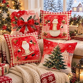 Red Plaid Watercolor Christmas Throw Pillow Covers Santa Claus Snowman Christmas Tree Printed Decorative Cushion Case Hidden Zipper Holiday Cushion Cover Shell