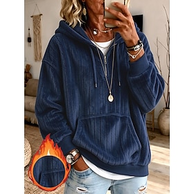 Women's Vintage Textured Pullover Hoodie Sweatshirt Drawstring Plain Long Sleeve Hooded Long Tops Casual Home Navy Black Orange Light Grey Army Green Fall Wint