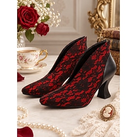 Women's Victorian Floral Lace Booties with V-Cut Design, Pointed Toe Curved Heels, Elegant Vintage Gothic Ankle Boots for Weddings, Victorian Tea Parties, His