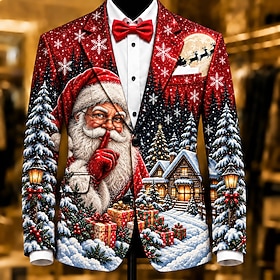 Christmas Men Santa Claus Blazer Jacket Coat Fashion Comfortable Breathable Artistic Casual Daily Party Evening Wear Festival 3D Print Buttons Multi Pocket Fal