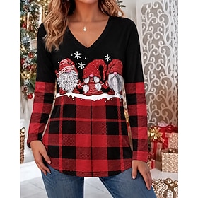Christmas Women's Blouse Color Block Santa Claus Snowman Fashion Stylish Classic Long Sleeve V Neck Regular Tops Casual Daily Going out Black Spring Fall Winte