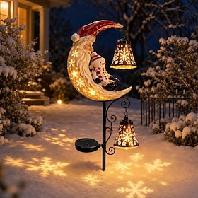 Christmas Santa Moon Garden Stake Lights, Outdoor Holiday Yard Decoration with Warm White LED Lantern, Weather Resistant Lawn Pathway Porch Garden Decor, Festi