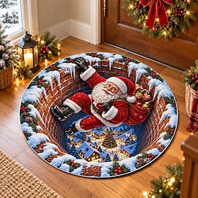 3D Optical Illusion Doormat, 3D Christmas Santa Claus Bottomless Hole Round Rug, Non-Slip Washable Welcome Door Mat for Front Door Indoor Area Rugs Outdoor Ho