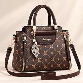 Elegant Women's Faux Leather Handbag with Red Accents and Gold Leaf Charm – Designer-Inspired Shoulder Bag with Adjustable Strap