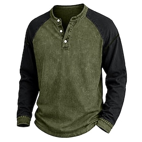 DenimTone™️Men's T Shirt Henley Shirt Tee Top Long Sleeve Plain Solid Vintage Streetwear Casual Color Block Washed Raglan Sleeves Henley Casual Home Street Fal