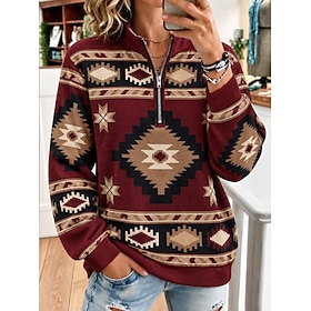 Women's Pullover Sweatshirt Zipper Graphic Geometric Western Retro Ethnic Long Sleeve Half Zip Regular Tops Casual Dailywear Holiday Blue claret Green khaki Fa