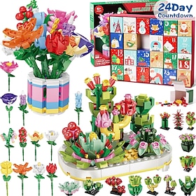 Adventskalender mit Weihnachtsblumen-Bausteinen, 24 Tage botanisches Geschenk, 12-in-1-Sukkulenten-Blumen-Bauset, weihnachtliches Countdown-Spielzeug für Kinde