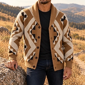 Men Jacquard Sweater Sweater Cardigan Sweater Ribbed Knit Regular Tops Knitted Plain Shawl Collar Vacation Fashion Casual Daily Wear Clothing Apparel Fall  Win