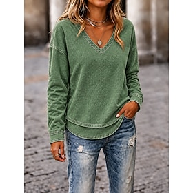 Women's Denim Blouse Denim Shirt T Shirt Fringe Vintage Daily Stylish Long Sleeve V Neck Regular Tops Casual Outdoor Streetwear Green Spring Fall Winter