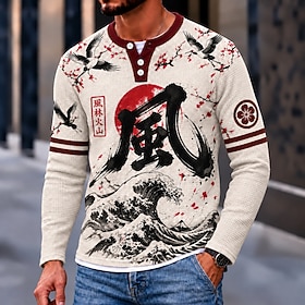 Men's Chinese character Waffle Henley Shirt Casual Style Classic Style Long Sleeve Fashion Designer Casual Casual Daily Outdoor All Seasons White Henley Henley