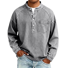 Men's T Shirt Henley Shirt Tee Top Long Sleeve Henley Washed Raglan Sleeves Fall Winter Spring Fall Plain Vintage Streetwear Casual Casual Home Street Black L