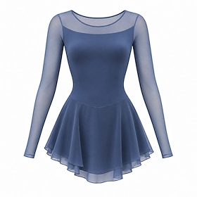 Figure Skating Dress Women's Ice Skating Dress Navy Blue Patchwork Asymmetric Hem Stretchy Training Competition Skating Wear Classic Long Sleeve Ice Skating Fi