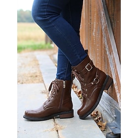 Women's Dark Brown Lace-Up Combat Boots - Microbial Leather Casual Ankle Boots with Buckle Strap, Side Zipper  Low Heel for Everyday Wear, Walking  Weekend Out